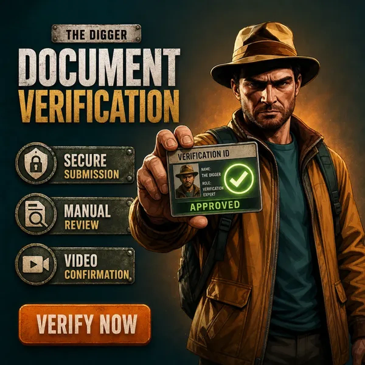 The Digger holds up ID card while verifying identity at Jackpot Raider Casino entrance