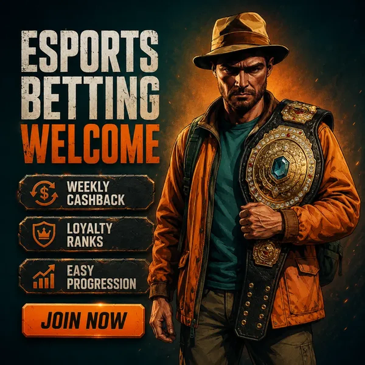 Triumphant character holding championship belt at Jackpot Raider Esports Betting esports victory celebration