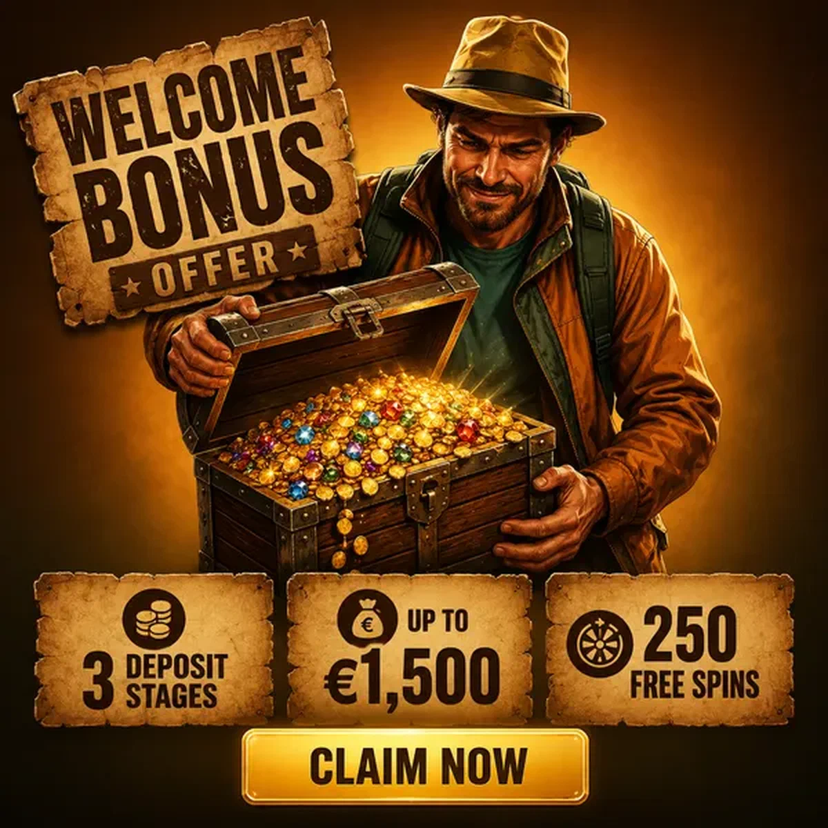 Treasure hunter revealing [Brand] welcome bonus chest filled with golden rewards
