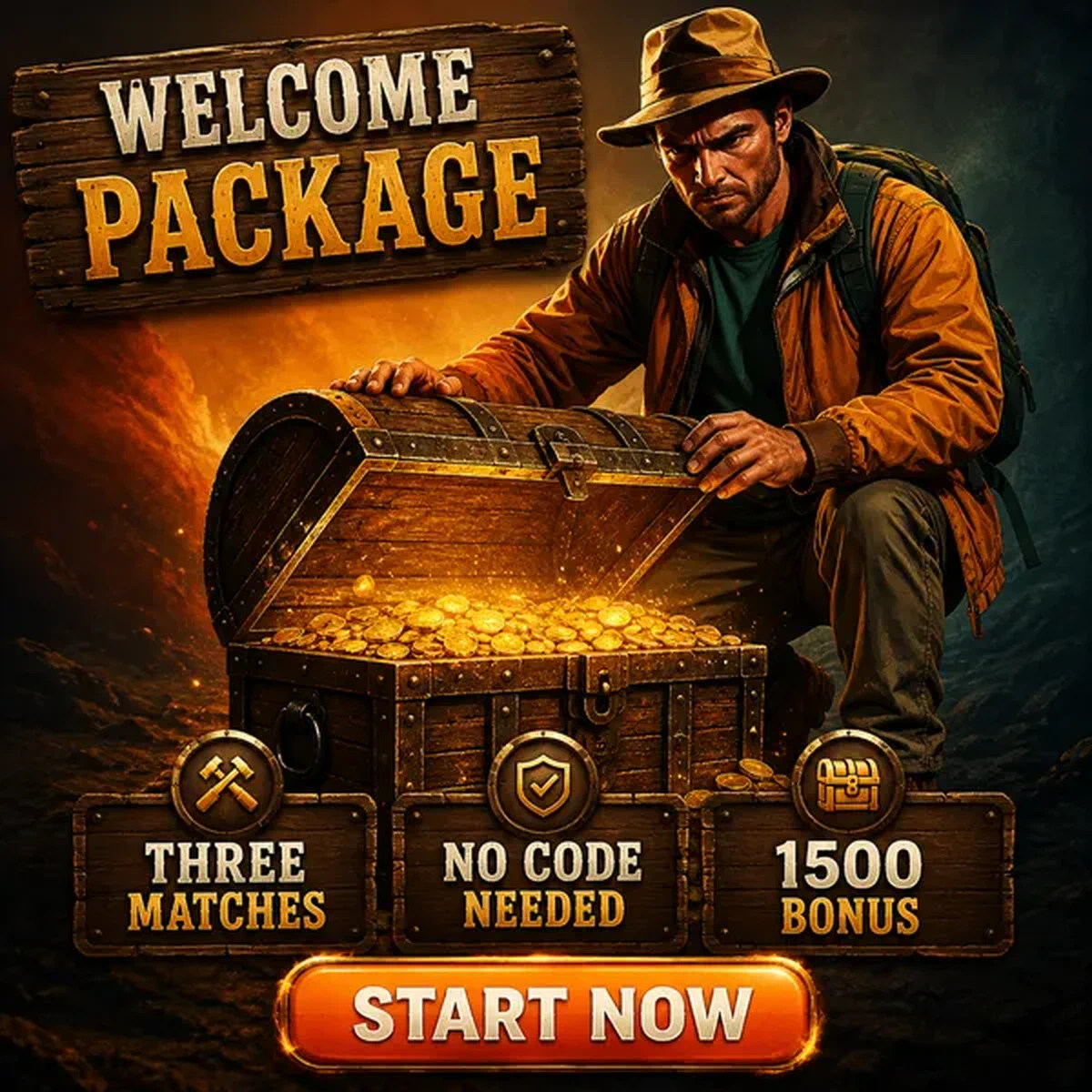 Treasure hunter signing up at Jackpot Raider with glowing chest of welcome coins