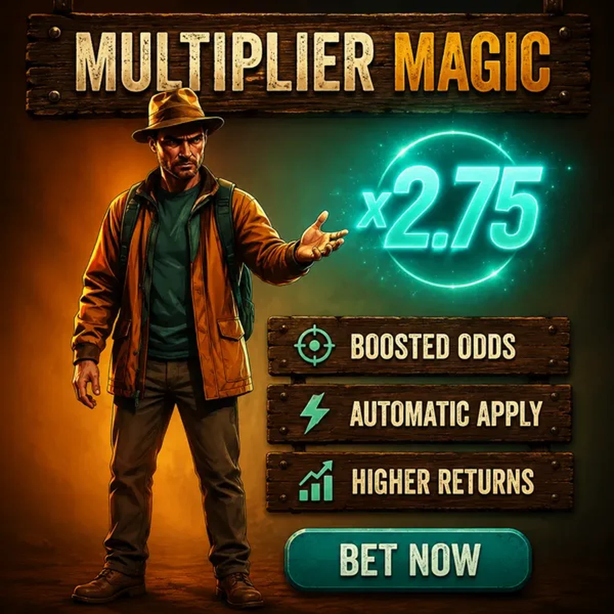 The Digger gestures toward glowing odds multiplier at ComboBoost sports betting platform