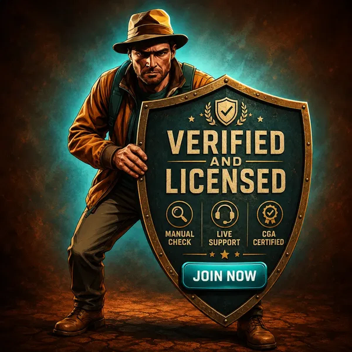 The Digger stands guard with verification shield at Jackpot Raider as players sign up securely