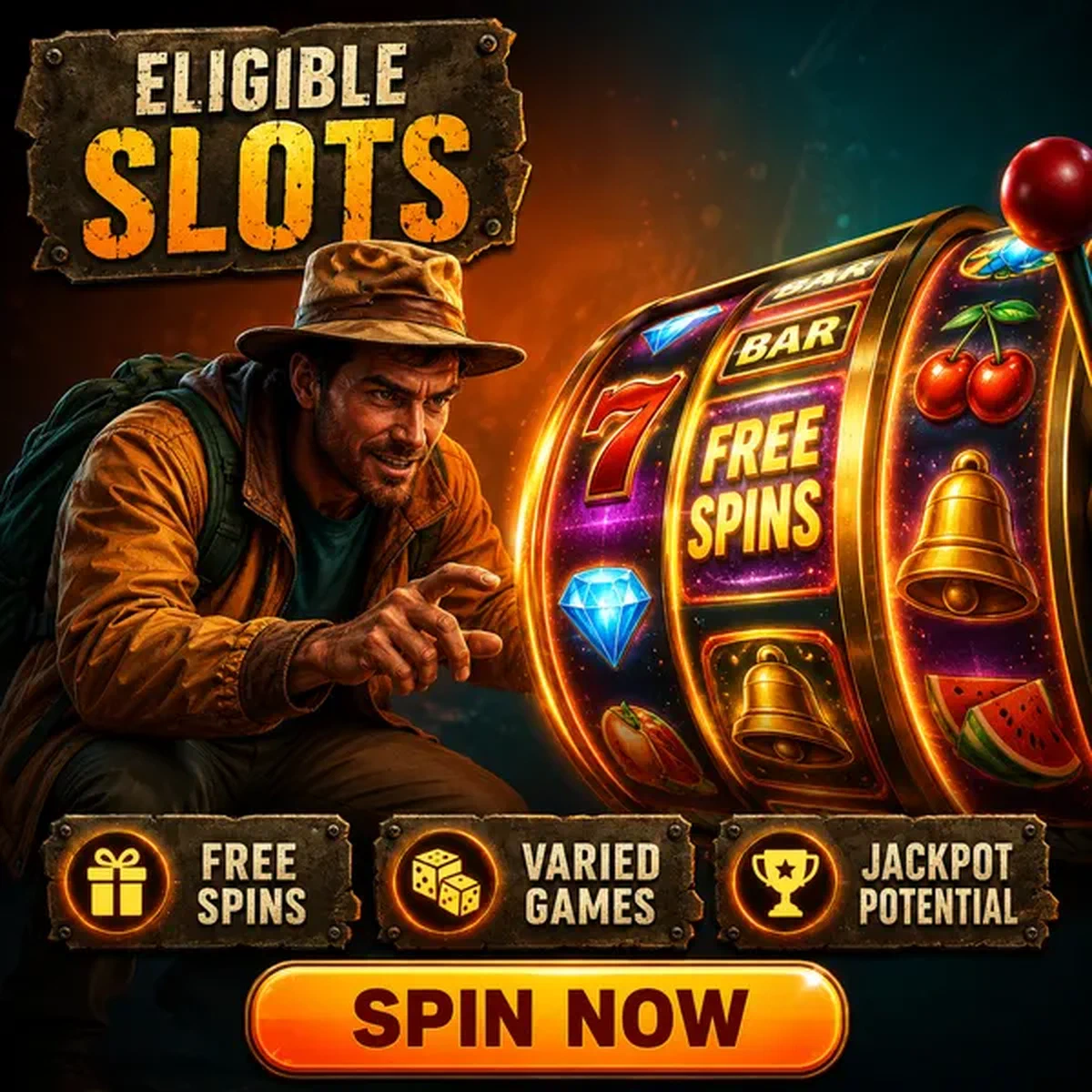 Digger character engaging with glowing slot reel offering free spins at Eligible Slots and Spin Value