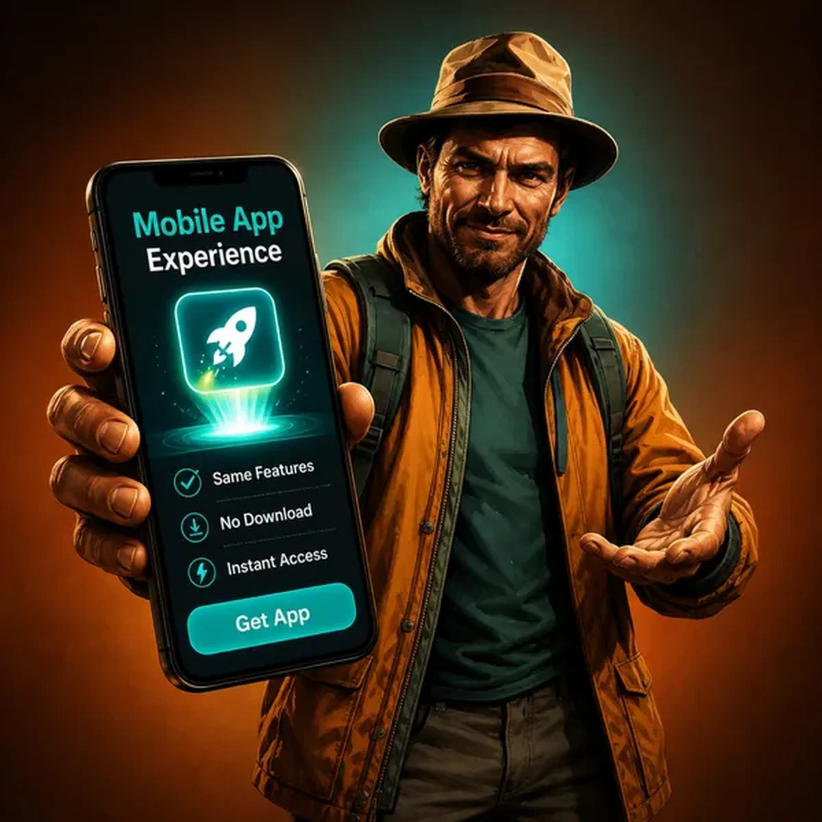 Wiry explorer presenting mobile app download on glowing smartphone at Jackpot Raider