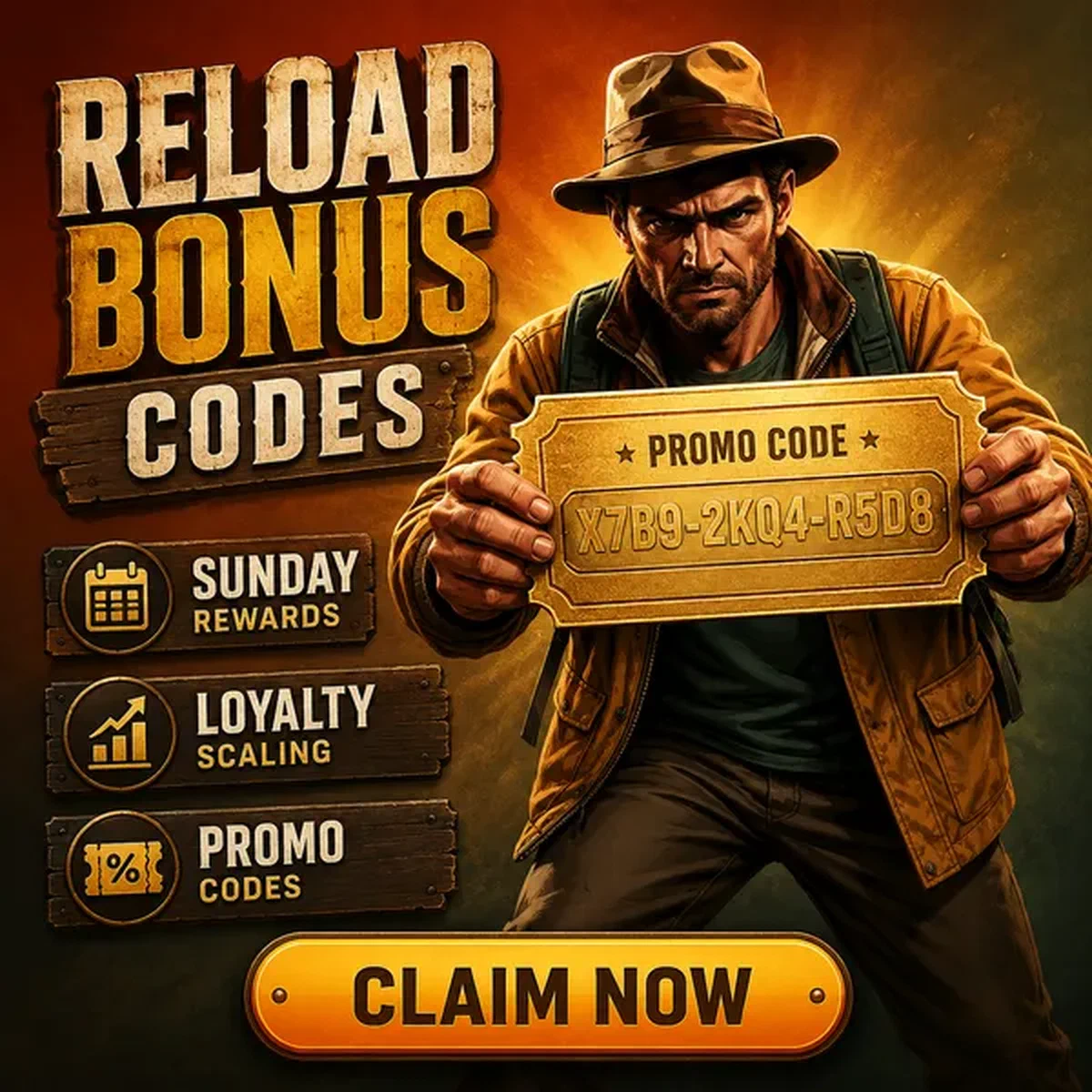 Hard-worn prospector presenting reload bonus voucher at Jackpot Raider treasure vault