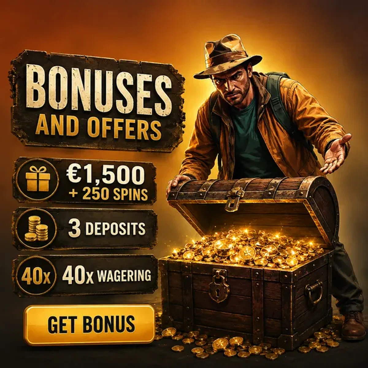 Character opening treasure chest revealing Jackpot Raider bonus rewards worth €1,500 plus spins