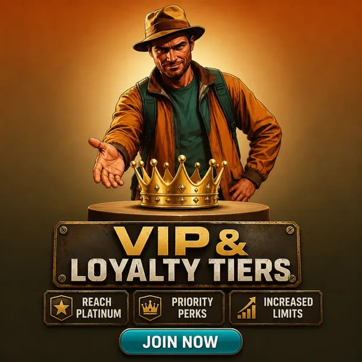 The Digger presenting golden crown at Jackpot Raider VIP loyalty tiers podium