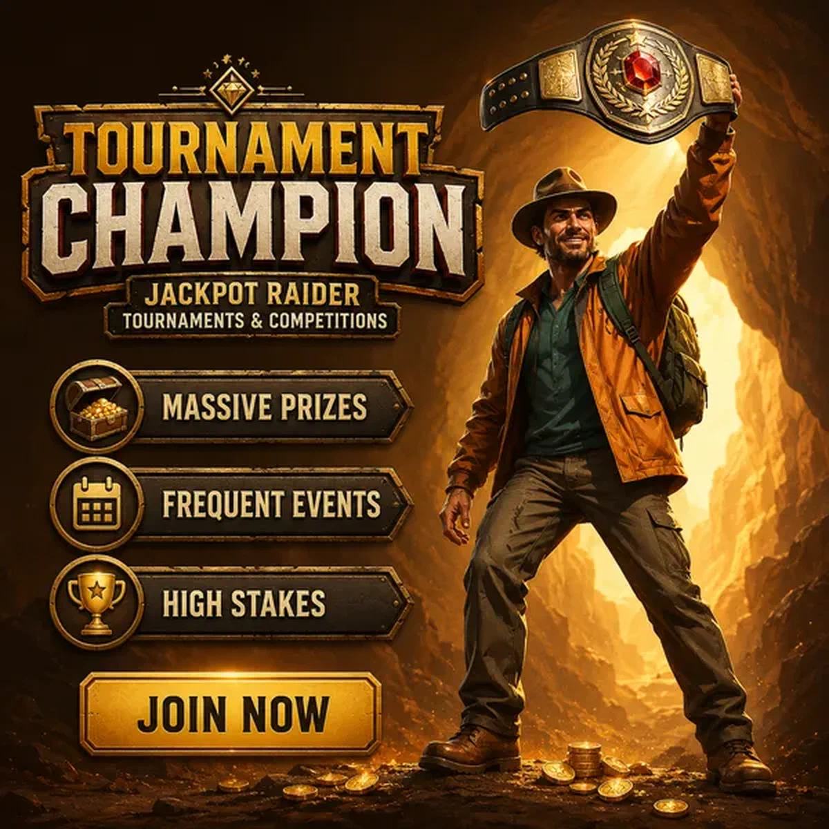 Miner triumphant with championship belt at Jackpot Raider Tournaments competition victory